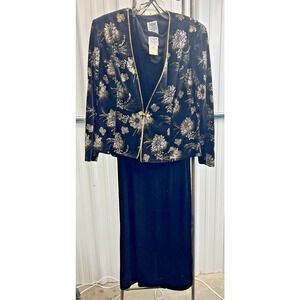 R&M Richards Stretch Velvet Metallic Jacket Evening Dress Gown Black Gold 12P